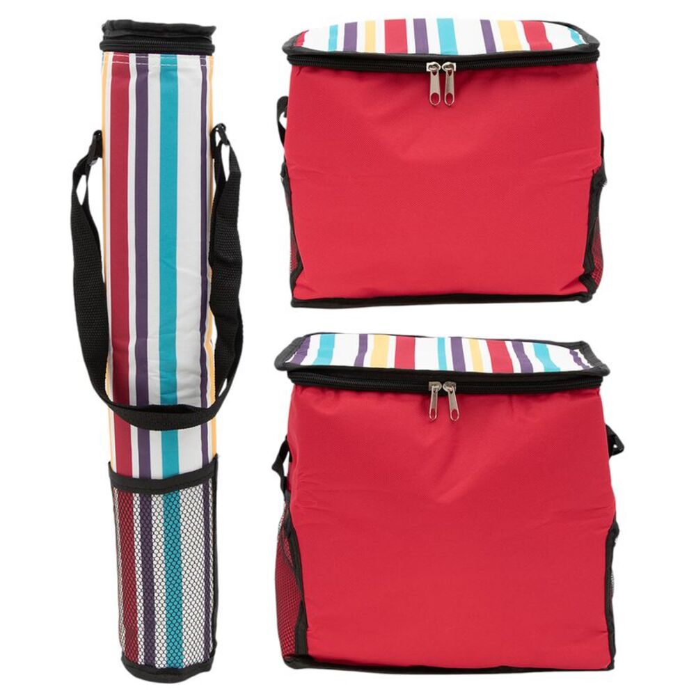 Gold Coast Striped 3pc Lunch Bag, Can Cooler, Cooler Bag Set in Red